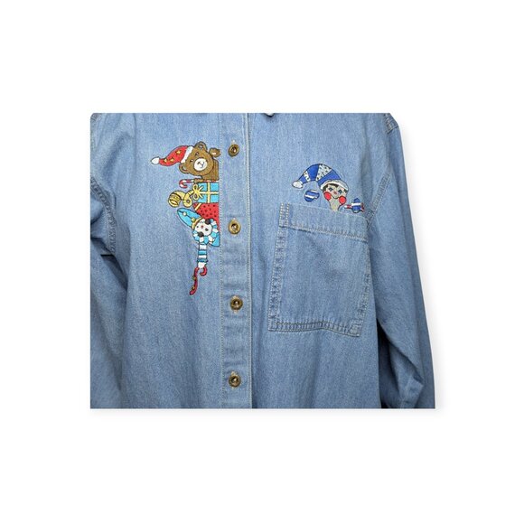 Vintage Nut Cracker Denim Christmas Embroidered Long Sleeve Button Front Top - Picture 2 of 13